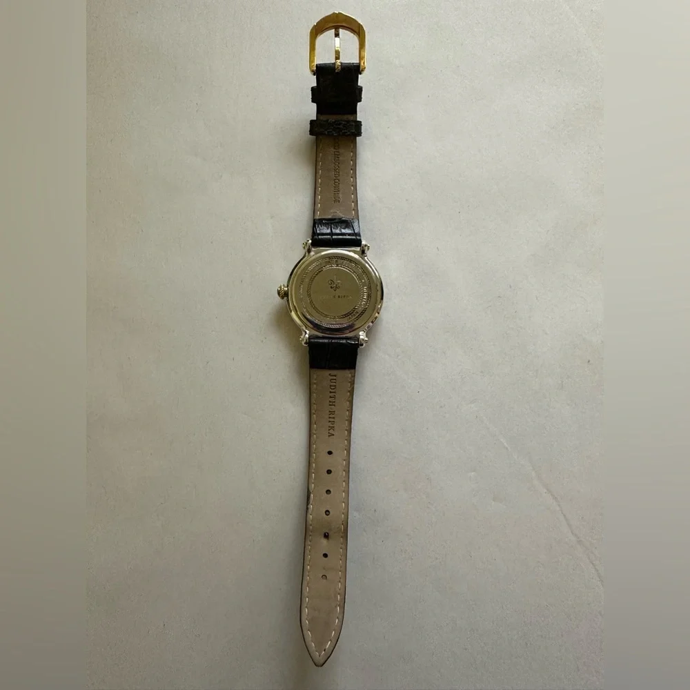 Judith Ripka Gold/Black Odyssey Diamonique Stainless Steel Leather Watch